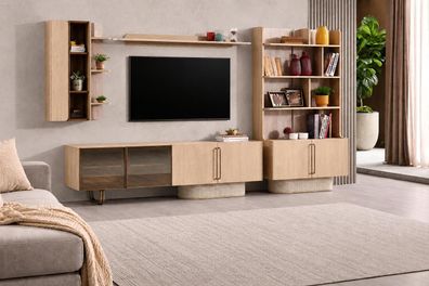 TV-Lowboard Wohnwand Eiche mit Bücherregal und Wandregalen Set