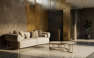 Luxuriöses beiges Wohnzimmer-Set weiches 3-Sitzer-Sofa rechteckiger Couchtisch