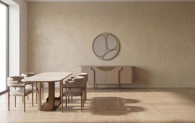 Beiges Esszimmer-Set großer Esstisch Stühle Sideboard Spiegel Esszimmermöbel
