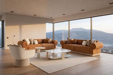 Braun-weißes Wohnzimmer-Set 3-Sitzer-Sofas Sessel Couchtisch Beistelltisch