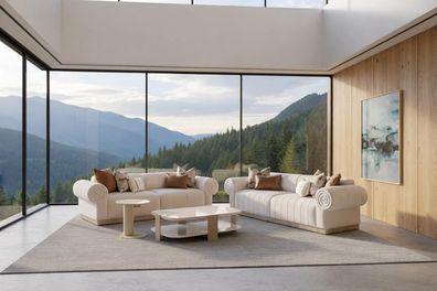 Luxuriöses weißes Wohnzimmer-Set 3-Sitzer-Sofas Couchtisch Beistelltisch
