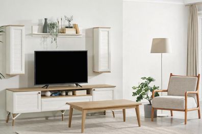 Modernes Set aus TV-Lowboard, Couchtisch und 2 Wandregalen im Stil