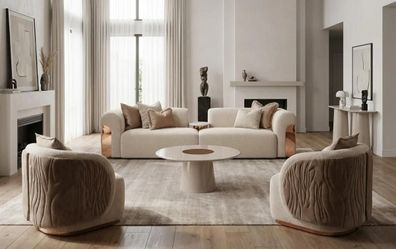Beiges Wohnzimmer-Set 3-Sitzer-Sofa Sessel Couchtisch Wohnzimmermöbel