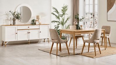 Eleganter Esszimmer Set mit Tisch, 4 Stühlen, Sideboard und Spiegel