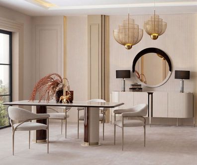 Luxuriöses beiges Esszimmer-Set Esstisch Stühle Sideboard Spiegel modern