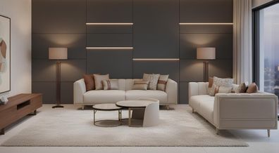 Beiges Wohnzimmer-Set 3-Sitzer-Sofa runder Couchtisch Wohnzimmermöbel