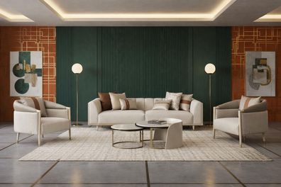 Elegantes beiges Wohnzimmer-Set 3-Sitzer-Sofa Sessel Couchtisch Designermöbel