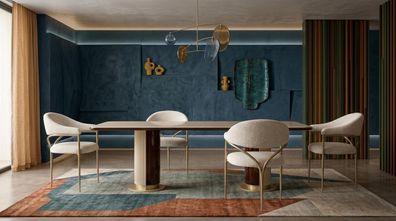Elegantes beiges Esszimmer-Set rechteckiger Esstisch Stühle Designermöbel