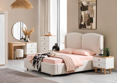 Skandinavisches Schlafzimmer-Set mit Bett, Spiegel, Kommode und Pouf