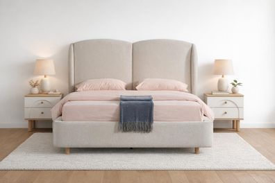 Skandinavisches Bett-Set mit zwei Nachttischen und gepolstertem Bett