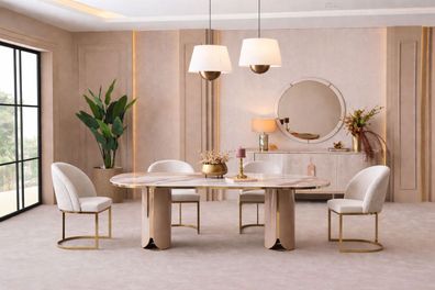 Großes beiges Esszimmer-Set Esstisch Stühle Sideboard Spiegel Esszimmermöbel