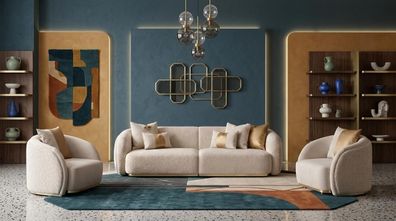 Modernes beiges Wohnzimmer-Set 3-Sitzer-Sofa Sessel Designermöbel