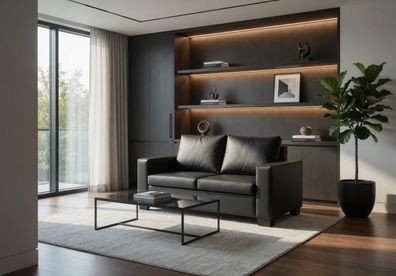 Stilvolles 2-Sitzer Sofa in Schwarz mit Kunstlederbezug und Komfortkissen