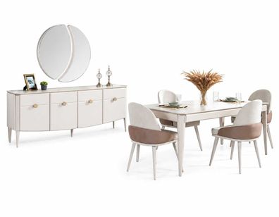 Esszimmer Set Esstisch mit 4x Stühle Holzmöbel Sideboard Luxuriöses Spiegel
