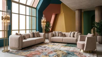 Luxuriöses Wohnzimmer-Set 3-Sitzer-Sofa Sessel beige modern