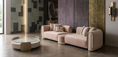 Beiges Wohnzimmer-Set weiches 3-Sitzer-Sofa runder Couchtisch Designermöbel