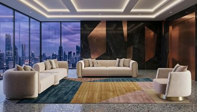 Beiges Wohnzimmer-Set 3-Sitzer-Sofas Sessel Wohnzimmermöbel modern