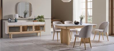 Modernes Esszimmer-Set mit Tisch, 4 Stühlen, Sideboard und Spiegel