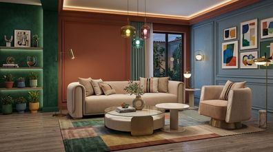 Luxuriöses Wohnzimmer-Set in Beige 3-Sitzer-Sofa Sessel Couchtisch