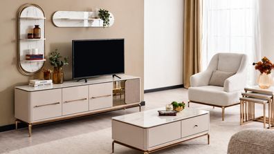 Modisches Möbelset: TV-Lowboard, Couchtisch, Beistelltisch, 2 Regale