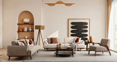 Modernes Sofa-Set: 2x 3 - Sitzer und Sessel – Weicher Stoff 3 tlg