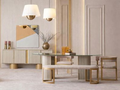 Exklusives Esszimmer Set mit Esstisch Sitzbank Stühlen und Spiegel