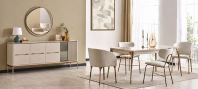 Esszimmer-Set mit Tisch, 2 Stühlen, 2 Sesseln, Konsole und Spiegel