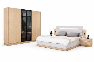 Weiß-Beiges Schlafzimmer Set Textilbett 2x Nachttische Holzschrank