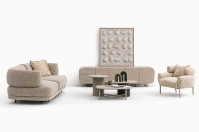 Modernes Wohnzimmer Set: Sofa Sessel und Couchtisch in beigem Stoff
