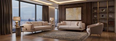 Beige Sofagarnitur Exklusiver 3-Sitzer Polstersessel 3tlg Set