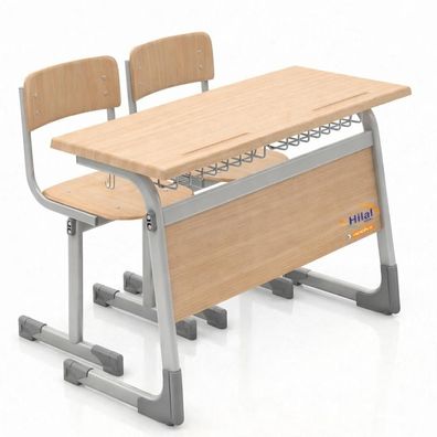 Schulmöbel Set Schulbank mit zwei Stühlen Holzoptik Metallgestell