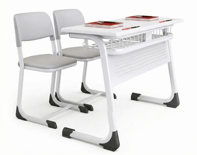 Modernes Schulmöbel Set mit stabiler Schulbank und grauen Stühlen