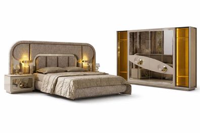 Schlafzimmer Set Bett mit 2x Nachttische Modernes Kleiderschrank – 4 tlg