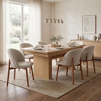 Braun-weißes Esszimmer-Set großer Esstisch gepolsterte Stühle 7 tlg