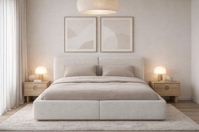 Luxuriöses Schlafzimmer-Set in Beige großes Bett Nachttische aus Holz 3 tlg