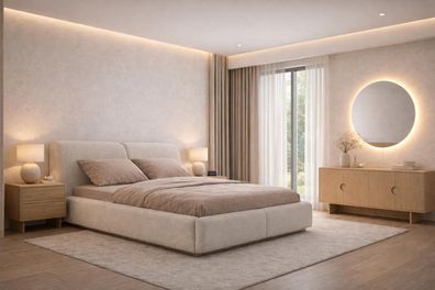 Modernes Schlafzimmer-Set in Beige Bett Holzkonsole runder Spiegel