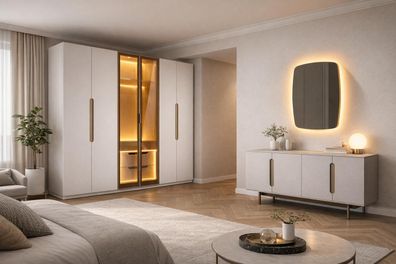 Luxuriöses Schlafzimmer-Set in Beige großer Kleiderschrank Konsole Spiegel