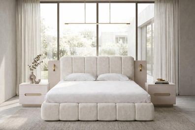 Elegantes beiges Schlafzimmer-Set großes Bett Holz-Nachttische 3 tlg