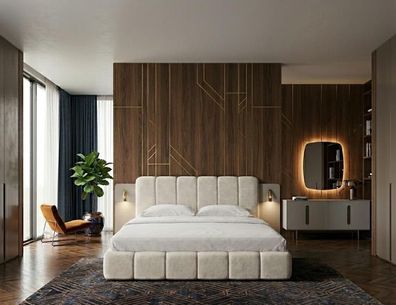 Beiges Schlafzimmer-Set weiches Bett Holzkonsole Spiegel Schlafzimmermöbel