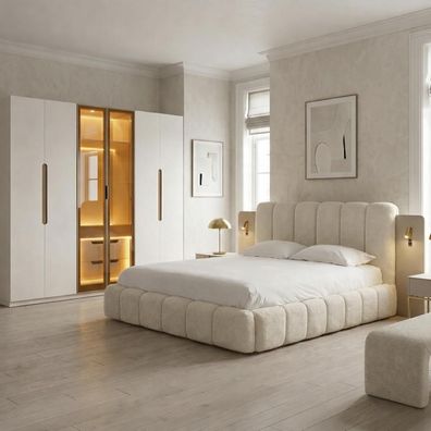Elegantes beiges Schlafzimmer-Set Doppelbett großer Kleiderschrank luxuriös