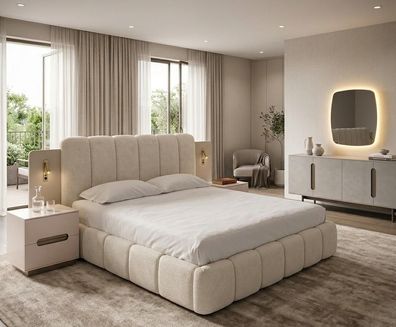 Modernes beiges Schlafzimmer-Set weiches Bett Nachttische Konsole Spiegel