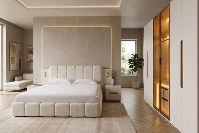 Schlafzimmer-Set: Bett, Kleiderschrank mit LED und 2 Nachttische