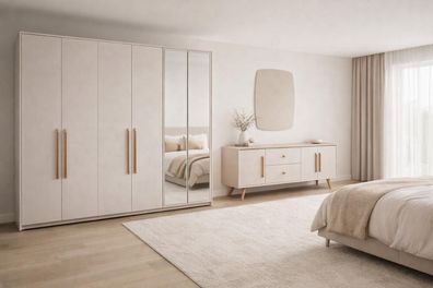 Luxuriöses Schlafzimmer-Set großer Kleiderschrank weiße Holzkonsole Spiegel