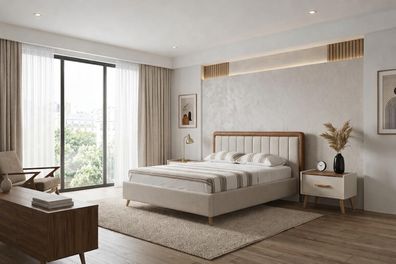 Elegantes weißes Schlafzimmer-Set weiches Bett Holz-Nachttische Premium