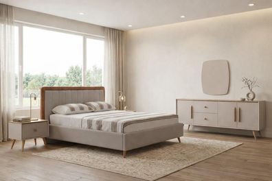 Elegantes weißes Schlafzimmer-Set Doppelbett Holzkonsole Spiegel 3 tlg