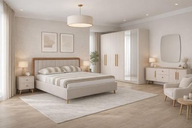 Stilvolles Schlafzimmer-Set weiches Bett großer Kleiderschrank Konsole