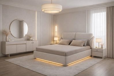 Luxuriöses Schlafzimmer-Set in Beige Bett stilvolle Kommode runder Spiegel