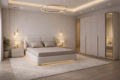 Luxuriöses beiges Schlafzimmer-Set weiches Bett stilvoller Kleiderschrank
