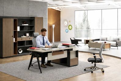 Büromöbel Set 2tlg Moderner Eckschreibtisch Holz Braun Büroschrank