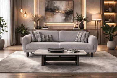 Luxuriöses Graues Polstersofa Designer Holz Couchtisch Edles 2tlg Set